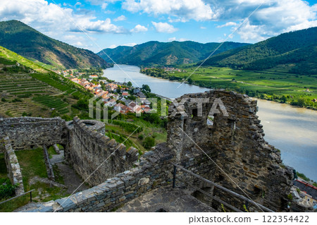 View from castle Hinterhaus in Spitz Wachau Austria with Danube river and vineyards View from castle Hinterhaus in Spitz Wachau Austria with Danube river and vineyards 122354422