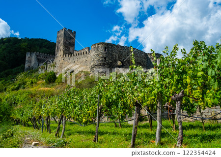 Castle Hinterhaus in Spitz Wachau Austria with Danube river and vineyards Castle Hinterhaus in Spitz Wachau Austria with Danube river and vineyards 122354424