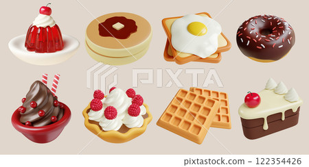 Colorful assortment of desserts including donuts, waffles, cake, and ice cream topped with fruit 3D render illustration 122354426