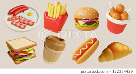 Delicious assortment of fast food including burgers, fries, hot dogs, and more on a colorful platter 3D render illustration 122354429