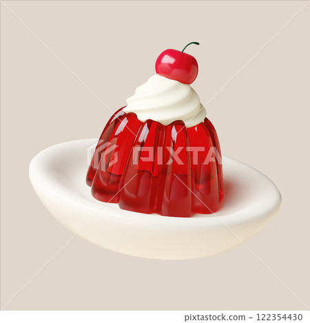 Vibrant red jelly dessert topped with whipped cream and cherry 3D render illustration Vibrant red jelly dessert topped with whipped cream and cherry 3D render illustration 122354430