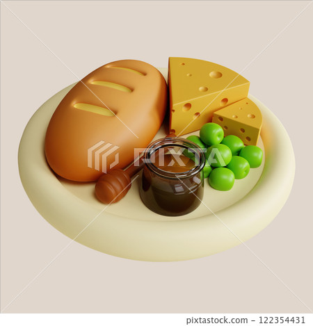 Delicious bread, cheese, grapes, and honey jar on a plate for a gourmet snack 3D render illustration 122354431