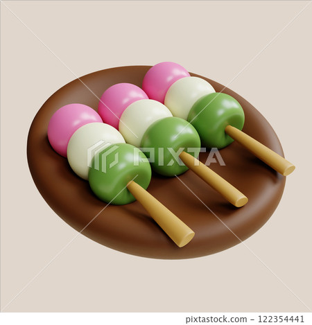 Colorful dango skewers with sweet toppings served on a chocolate plate 3D render illustration Colorful dango skewers with sweet toppings served on a chocolate plate 3D render illustration 122354441