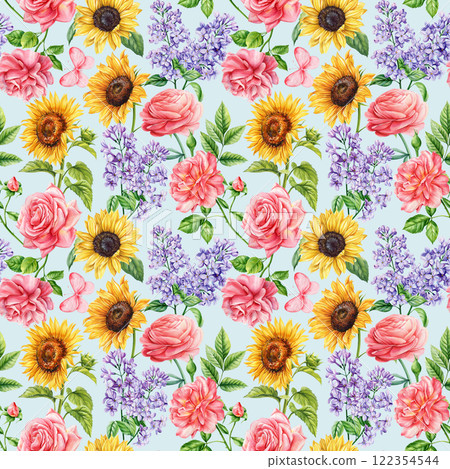 seamless pattern. Lilac, sunflowers, pink roses, hand-painted watercolor flowers, Vintage rustic botanical design fabric seamless pattern. Lilac, sunflowers, pink roses, hand-painted watercolor flowers, Vintage rustic botanical design fabric 122354544