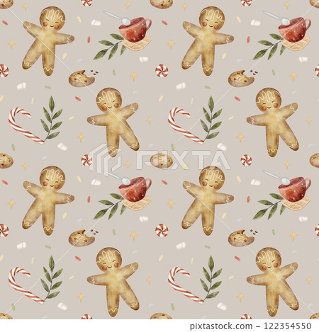 Watercolor pattern gingerbread man, candies, lollipops, oatmeal cookies. Illustration in children's New Year style. Christmas print on mocha background for textiles, fabrics, packaging, clothes, Watercolor pattern gingerbread man, candies, lollipops, oatmeal cookies. Illustration in children's New Year style. Christmas print on mocha background for textiles, fabrics, packaging, clothes, 122354550