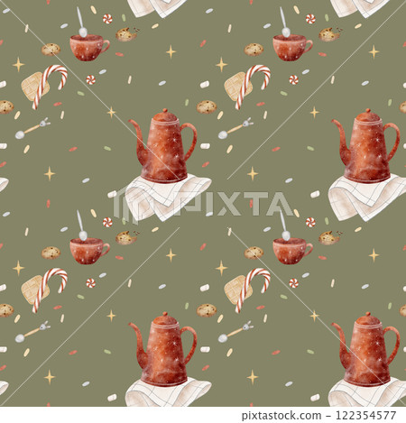 Watercolor pattern cup, teapot around cookies and candies. Christmas illustration on green background. Seamless holiday print for textiles, fabrics, packaging, clothes, print, postcard Watercolor pattern cup, teapot around cookies and candies. Christmas illustration on green background. Seamless holiday print for textiles, fabrics, packaging, clothes, print, postcard 122354577