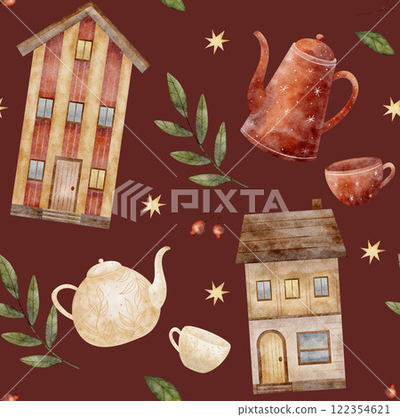 Watercolor Seamless pattern houses, teapot, cup, leaves. Illustration on a burgundy background. Holiday print for textiles, fabrics, packaging, clothes, printing, cards Watercolor Seamless pattern houses, teapot, cup, leaves. Illustration on a burgundy background. Holiday print for textiles, fabrics, packaging, clothes, printing, cards 122354621