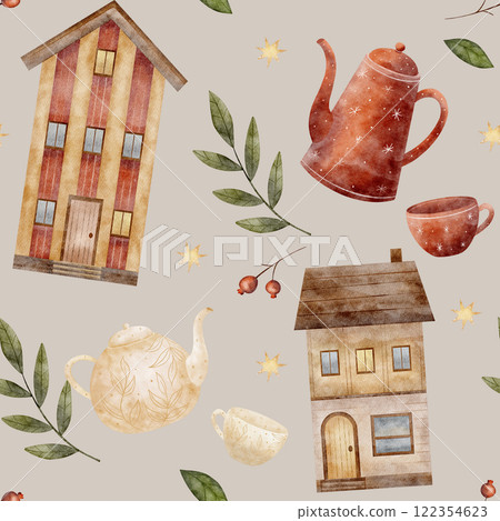 Watercolor Seamless pattern houses, teapot, cup, leaves. Illustration is drawn by hand. New Year print for textiles, fabrics, packaging, clothes, printing, cards Watercolor Seamless pattern houses, teapot, cup, leaves. Illustration is drawn by hand. New Year print for textiles, fabrics, packaging, clothes, printing, cards 122354623