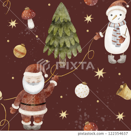 Watercolor Seamless pattern Santa, snowman, Christmas tree. Illustration splashes on burgundy background. New Year print for textiles, fabrics, packaging, clothes, printing, cards 122354637