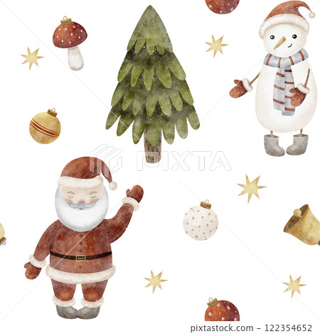 Watercolor pattern santa claus, snowman, christmas tree. bell, ball, mushroom. Illustration splashes on white background. New Year print for textiles, fabrics, packaging, clothes, printing, cards 122354652