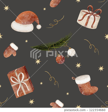 Watercolor pattern Santa Claus hat, stocking, mitten, Christmas tree, New Year gifts. Christmas illustration on a dark gray background. Seamless print for textiles, fabrics, packaging, clothes 122354660