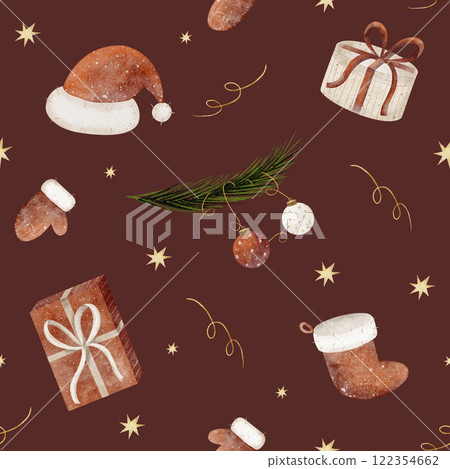 Watercolor pattern Santa Claus hat, stocking, mitten, New Year gifts. Christmas illustration on a burgundy background. Seamless print for textiles, fabrics, packaging, clothes, printing, cards 122354662