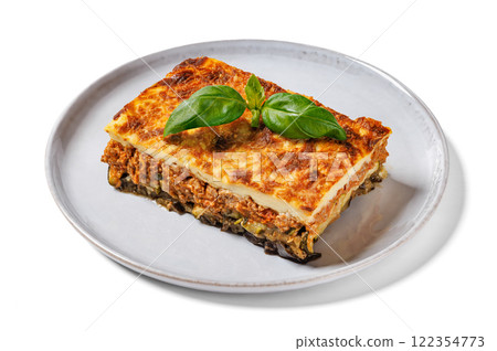 Moussaka, greek beef and eggplant dish, top view 122354773