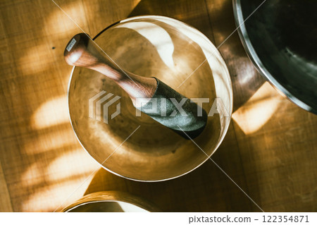 Close up Tibetan singing copper bowl 122354871