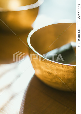 Close up Tibetan singing copper bowl 122354875