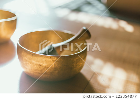 Close up Tibetan singing copper bowl 122354877