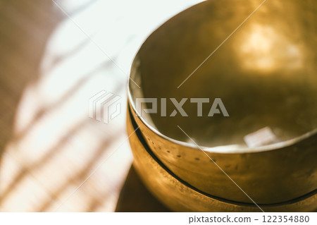 Close up Tibetan singing copper bowl 122354880
