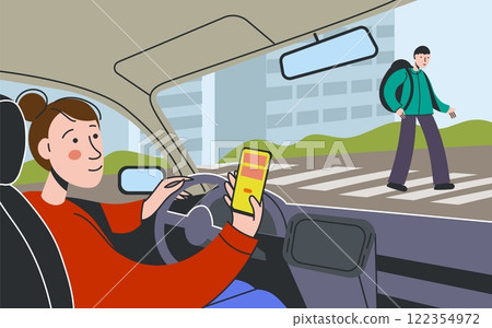 Distracted driver. Car interior with woman driving car and using smartphone, dangerous mobile phone addiction concept, car interior scene. Vector illustration Distracted driver. Car interior with woman driving car and using smartphone, dangerous mobile phone addiction concept, car interior scene. Vector illustration 122354972