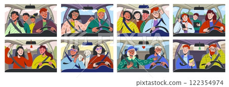 People driving car. Family road trip cartoon characters in automobile, couple driving on date, man woman travel with dog, driver with passenger. Vector car interior set 122354974