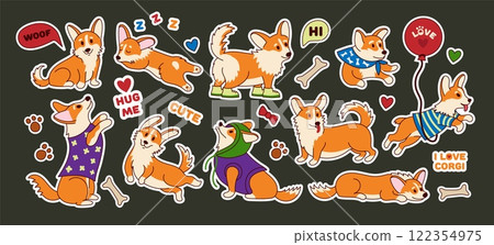 Cute corgi stickers. Funny welsh puppy dog with different poses and emotions, cartoon adorable canine characters for kid print design. Vector isolated doggy set Cute corgi stickers. Funny welsh puppy dog with different poses and emotions, cartoon adorable canine characters for kid print design. Vector isolated doggy set 122354975
