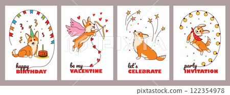 Corgi poster. Cute funny corgi puppy, dog cute characters with happy emotions, creative pembroke corgi card design with adorable pet. Vector animal banner set 122354978