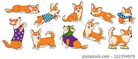 Kawaii corgi puppy. Cute kawaiiness cartoon funny characters with cutie emotions and kawaiify poses, charming pembroke corgi dog mascots. Vector adorable set 122354979
