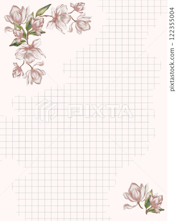 Delicate magnolia blossoms painted with watercolor on a grid-patterned background 122355004