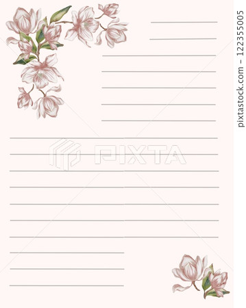 Watercolor magnolia blossoms adorn a soft background for elegant note-taking and journaling 122355005