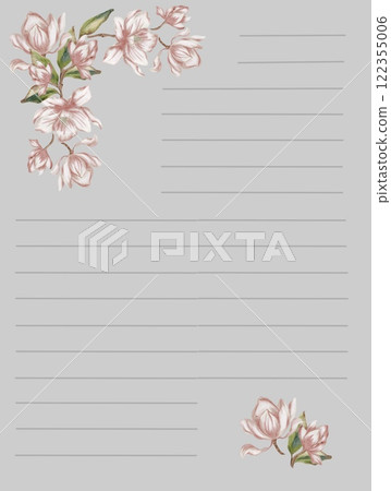 Watercolor illustration of magnolia flowers on a soft gray background for note-taking 122355006