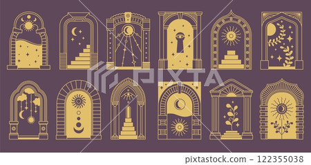 Boho arch frame. Door frame abstract ornate art deco geometric archway, vintage minimal bohemian arched linear design, trendy door way architecture frames. Vector collection 122355038