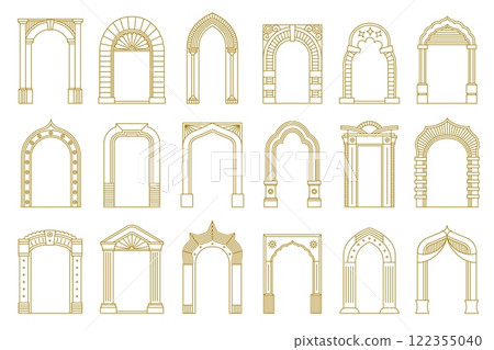 Line arch door frames. Minimalist ornate geometric doorway border frames, simple ornamental arched entrance decorative doors. Vector arch collection Line arch door frames. Minimalist ornate geometric doorway border frames, simple ornamental arched entrance decorative doors. Vector arch collection 122355040