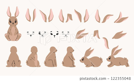 Cartoon bunny elements. Cute rabbit face ears tail paw, rabbits spring easter holiday decoration, flat kids bunnies stickers scrapbooking concept. Vector isolated rabbit set Cartoon bunny elements. Cute rabbit face ears tail paw, rabbits spring easter holiday decoration, flat kids bunnies stickers scrapbooking concept. Vector isolated rabbit set 122355048