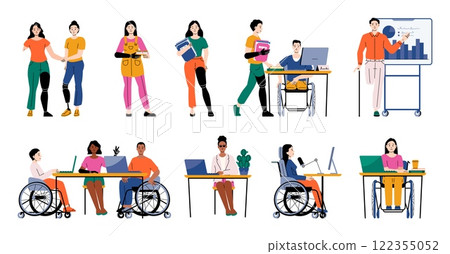 People with disabilities studying, working in offices and collaborating. Using tools like wheelchairs, prosthetics and laptops in educational and professional settings. Cartoon vector illustration 122355052