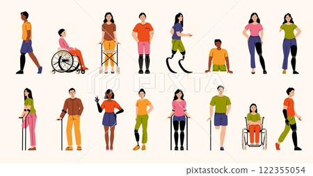 Diverse group of people with disabilities. Showing men and women in wheelchairs, prosthetics and crutches. Adaptive support. Equality and empowerment. Flat vector illustration Diverse group of people with disabilities. Showing men and women in wheelchairs, prosthetics and crutches. Adaptive support. Equality and empowerment. Flat vector illustration 122355054