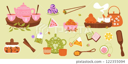 Herbal tea. Cozy tea ceremony with hot beverage in teacup, kettle and teapot, warm drink with lemon and honey. Vector still life illustration 122355094