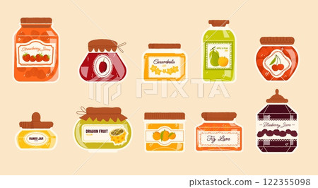 Jam in jar. Homemade organic sweet berry fruit confiture with sugar, flat cartoon glass jars with lids filled with fruits in syrup, summer dessert. Vector isolated set Jam in jar. Homemade organic sweet berry fruit confiture with sugar, flat cartoon glass jars with lids filled with fruits in syrup, summer dessert. Vector isolated set 122355098