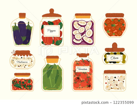 Pickled vegetables. Canned preserves organic food in glass jars, homemade preserved food of cucumbers tomatoes mushrooms spices, vegetarian cuisine. Vector cartoon set 122355099