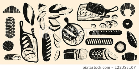 Bread silhouette. Black bakery bread icons, baked loaf baguette roll pretzel croissant bun, pastry sketch elements for bakery menu design. Vector bread isolated set 122355107