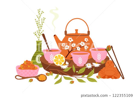 Chinese tea concept. Traditional tea ceremony with teapot and cups, hot beverage drink with leaves cartoon flat style. Vector illustration Chinese tea concept. Traditional tea ceremony with teapot and cups, hot beverage drink with leaves cartoon flat style. Vector illustration 122355109