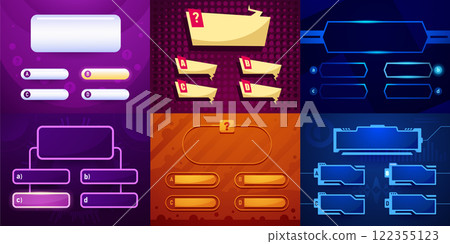 Trivia game template. Quiz interface layout for web and mobile app with quizzes question and answer screen, quizzes multiple choice layout score page. Vector quizzical mockup 122355123