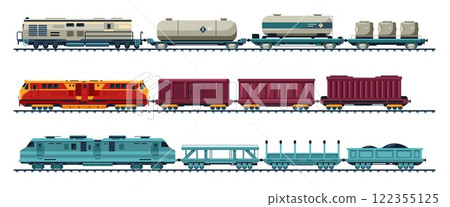 Goods train. Railroad freight locomotive with platforms, train cargo containers railway transportation goods, railway wagons for shipment and delivery. Vector isolated set 122355125