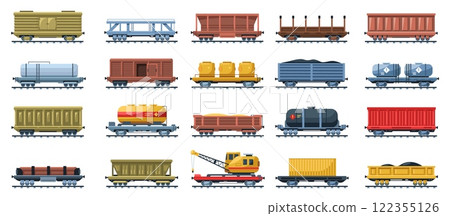 Freight train. Railroad locomotive transport and rail cargo carriages, railway wagon platform with containers for transport goods, train shipment delivery. Vector set 122355126