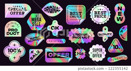 Holographic emblems. Iridescent hologram stickers and stamps and holography badges for product label design, shiny rainbow metal tag gradient geometric shapes. Vector set 122355142