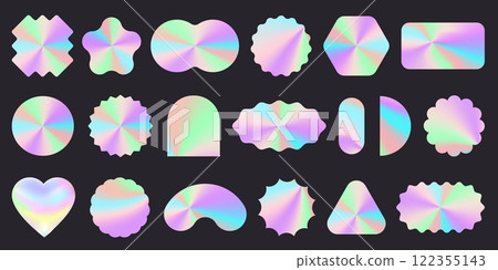 Hologram stickers. Realistic silver badge iridescent foil holographic mockups different shapes, rainbow chrome hologram label for product packaging design. Vector set 122355143