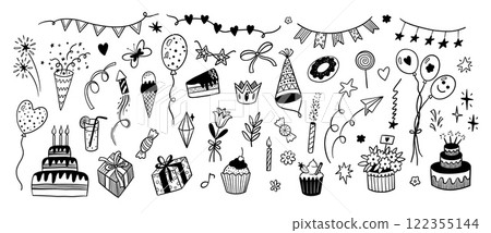 Birthday doodle icons. Cartoon black sketch elements for child party invitation card, cute line balloons gifts cake candles. Vector outline set 122355144