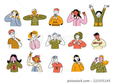 Scribble children expression. Doodle kids faces with different emotions, funny hand drawn teen avatars with smile angry and sad emotions. Vector set Scribble children expression. Doodle kids faces with different emotions, funny hand drawn teen avatars with smile angry and sad emotions. Vector set 122355145