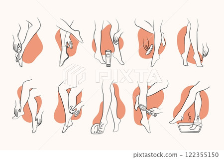Foot care. Woman feet and leg skin care, bare foot pedicure and feet massage procedure. Female barefoot in spa salon, footheel sole toe moisturizing. Vector collection Foot care. Woman feet and leg skin care, bare foot pedicure and feet massage procedure. Female barefoot in spa salon, footheel sole toe moisturizing. Vector collection 122355150