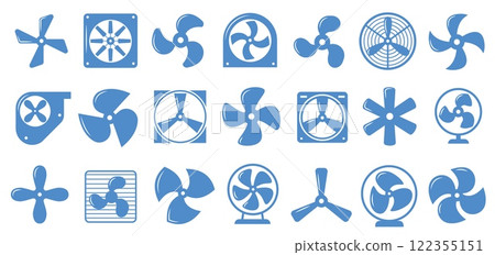 Cooling fan icons. Electric engine rotor propeller symbols, industrial car transport equipment ventilation system elements. Vector isolated set Cooling fan icons. Electric engine rotor propeller symbols, industrial car transport equipment ventilation system elements. Vector isolated set 122355151