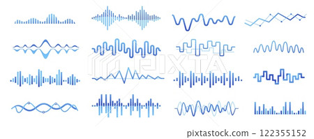 Audio podcast sound wave. Music song waveform, radio broadcast voice track, equalizer curve pulse, sound vibration amplitude level. Vector isolated set 122355152