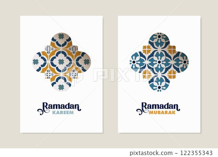 Set of arab posters or brochure templates. Ramadan Kareem greeting cards with hand drawn colorful Moroccan patterns, azulejo tiles. Eid holiday. Islamic backgrounds, web banners. Vector illustrations. 122355343